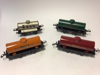 Lot 319 - |Railway O gauge tin plate Pratts (x2), Esso and Shell tank wagons, LMS fish van & wagon, two tenders, locomotive (coachwork only), plus six Lima wagons (15 total)