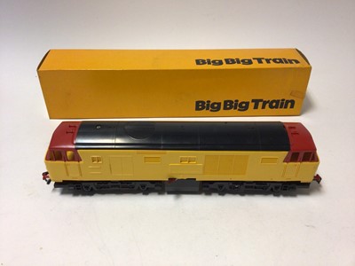 Lot 320 - Rovex Triang Big Big Train O gauge yellow with red cabs Express locomotive 3D95, boxed RV256A, two passenger coaches with opening doors, boxed RV257 and open wagon, boxed RV258 (4)