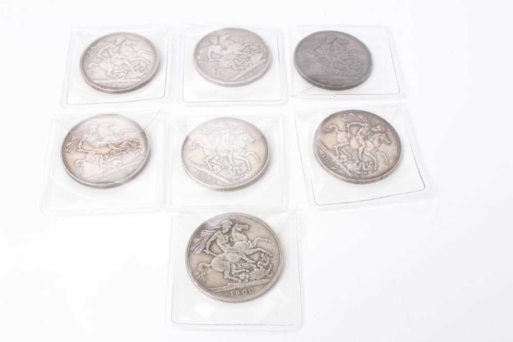 Lot 214 - G.B. - Mixed silver Crowns to include George IV 1821 VG Victoria JH 1889 F, 1890 VG, 1892 VG, OH 1894 LVIII F, 1897 LXI AVF & 1900 LXIV G (7 coins)