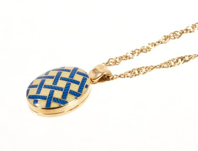 Lot 437 - 9ct gold and enamel locket with blue and yellow guilloché enamel lattice work decoration on 9ct gold chain.