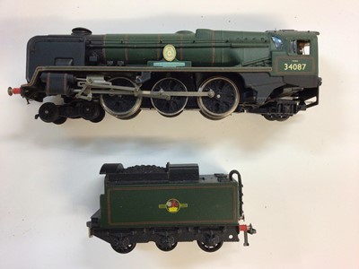 Lot 312 - Railway OO gauge unboxed tender locomotives including Hornby Duplo BR lined green 4-6-2 Battle of Britain Class '145 Squadron' 34087, Triang Hornby BR black Early Emblem 2-10-0 Class 9F 92008, Horn...