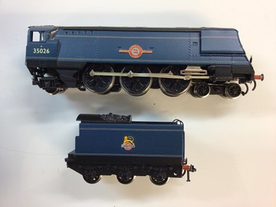 Lot 313 - Wrenn OO gauge unboxed  tender locomotives including BR blue Early Emblem 4-6-2 Lamport & Holt Line Merchant Navy Class 35026, BR blue Early Emblem 4-6-2 Channel Packet Merchant Navy Class 35001 an...