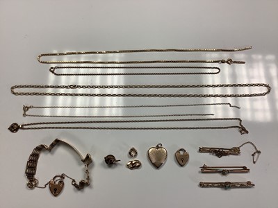 Lot 110 - Three Edwardian gem set bar brooches, together with a group of other 9ct gold and yellow metal jewellery including a gate bracelet and chains.