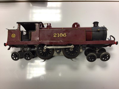 Lot 338 - Railway O gauge LMS maroon (repainted) 3 rail 4-4-4 locomotive 2106, GW green tender, Southern green E901 tender, LNER green tender and boxed Hornby No.21 coach (5)