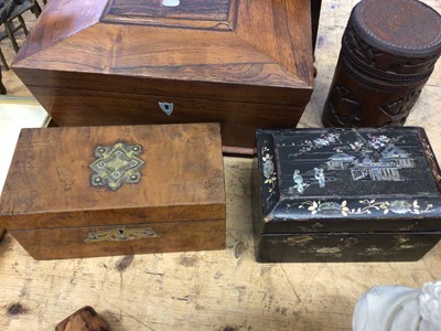 Lot 16 - Five tea caddies, including one Victorian rosewood and mother of pearl rosewood sarcophagus form, one similar in mahogany, a walnut caddy, a chinoiserie mother of pearl caddy and one Chinese bamboo...