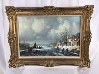 Lot 124 - A Dutch-style oil on panel of a winter scene, signed Ross Steffan, 39.5cm x 59.5cm in gilt frame