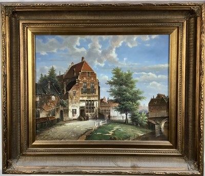 Lot 125 - David Ronald (20th century) Dutch-style oil on panel, street scene, signed, 39.5 x 49.5cm, framed