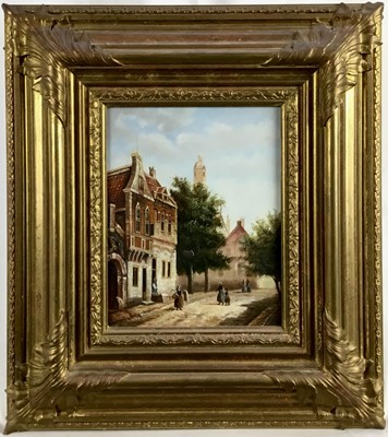 Lot 117 - A Dutch-style oil on panel of a street scene, signed Van Wyke, 24.5 x 19.5cm in gilt frame