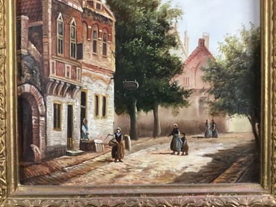 Lot 117 - A Dutch-style oil on panel of a street scene, signed Van Wyke, 24.5 x 19.5cm in gilt frame
