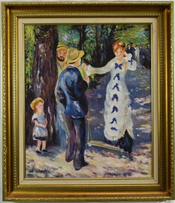 Lot 1209 - Attributed to Tom Keating (1917-1984) oil on canvas board after Pierre-Auguste Renoir - The Swing, bearing signature ‘Renoir 76’, 61cm x 51cm in gilt frame