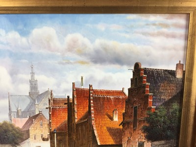 Lot 120 - David Ronald (20th century) Dutch-style oil on panel street scene, signed lower right, 39.5 x 49.5cm, in ornate gilt frame