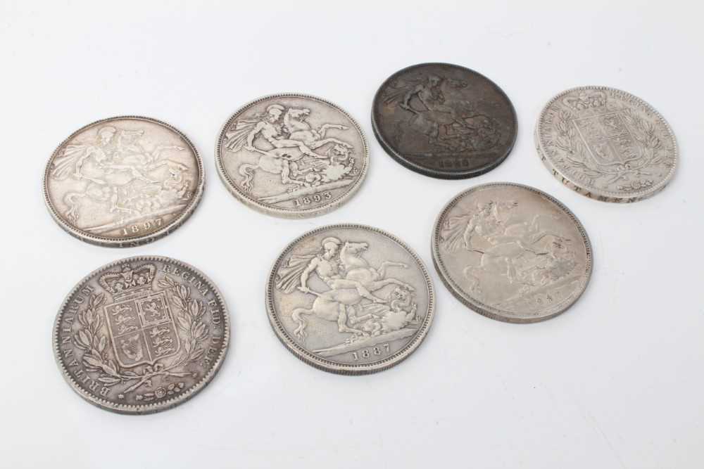 Lot 3 - G.B. - Mixed silver Victorian Crowns to include YH 1845, 1847, JH 1887 x 2, 1888, OH 1893 & 1897 (N.B. Mixed grades VG-VF) (7 coins)