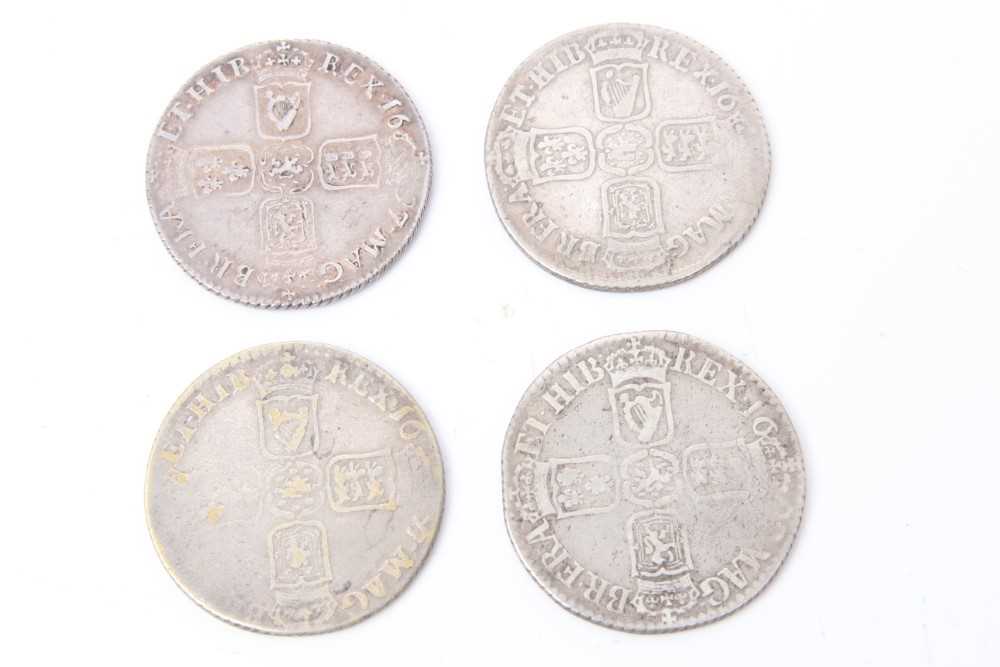 Lot 12 - G.B. - Williams III mixed silver Shillings to include Chester 1696C G (N.B. Scarce), 1697C VF (N.B. Scarce), Norwich 1697N G (N.B. Scarce) and 1699 flaming hair 4th bust variety 1699 VG (N.B. Rare)...
