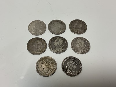 Lot 13 - G.B. - Mixed silver Shillings to include Anne 1708E G, 1711 AVF, George I R/SSC 1723 EF, George II R/Roses and Plumes 1737 GF-AVF, 1745 'Lima' VG-AF, 1758 GF and George III 1787 x 2 F-VF (8 coins)