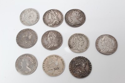 Lot 14 - G.B. - Mixed silver Six Pences to include William III 1696 AF, Anne 1711 x 2 GF-VF, George I SSC 1723 AF, George II Roses & Plumes 1732 GF, 1746 'Lima' AVF, 1757 AEF and George III 1787 x 3 ..