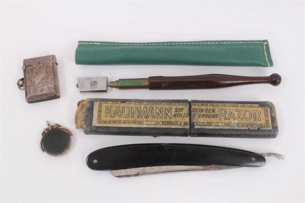 Lot 869 - Silver vesta case, silver mounted rotating hard stone fob, vintage cut throat razor in box and a glass cutter
