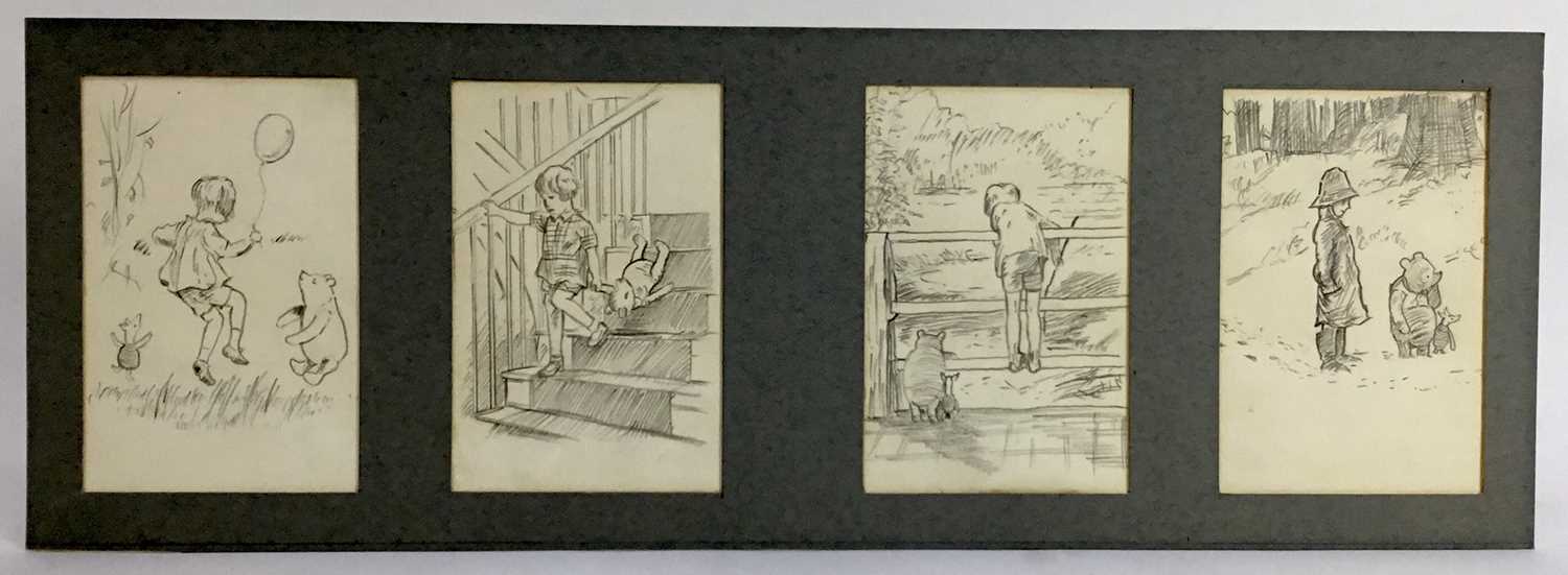 Lot 59 - After Shepherd - four Winnie-the-Pooh pencil drawings, each 14.5cm x 9.5cm, mounted, unframed