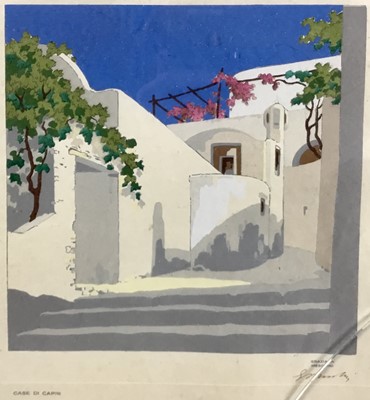 Lot 255 - Giovanni Meschini (1888-1977) goauche over a printed base, Case Di Capri, signed in ink, 21cm square, in glazed frame, 43cm x 37cm overall