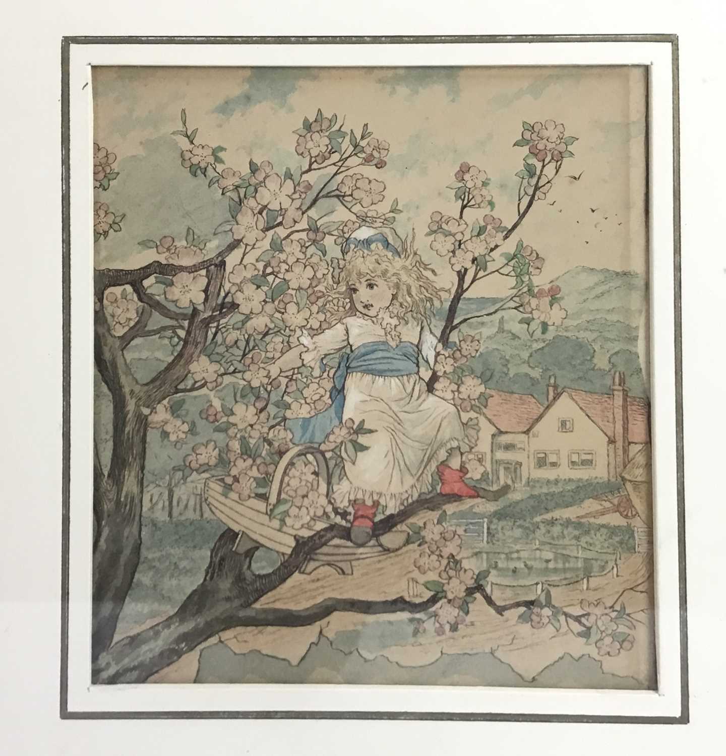 Lot 66 - Early 20th century watercolour - girl picking blossom, 15cm x 13cm, framed