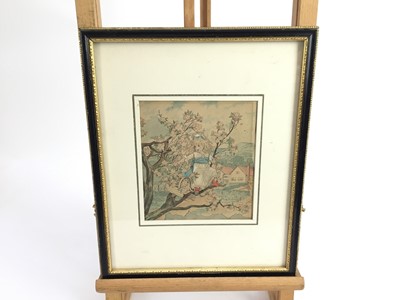 Lot 66 - Early 20th century watercolour - girl picking blossom, 15cm x 13cm, framed