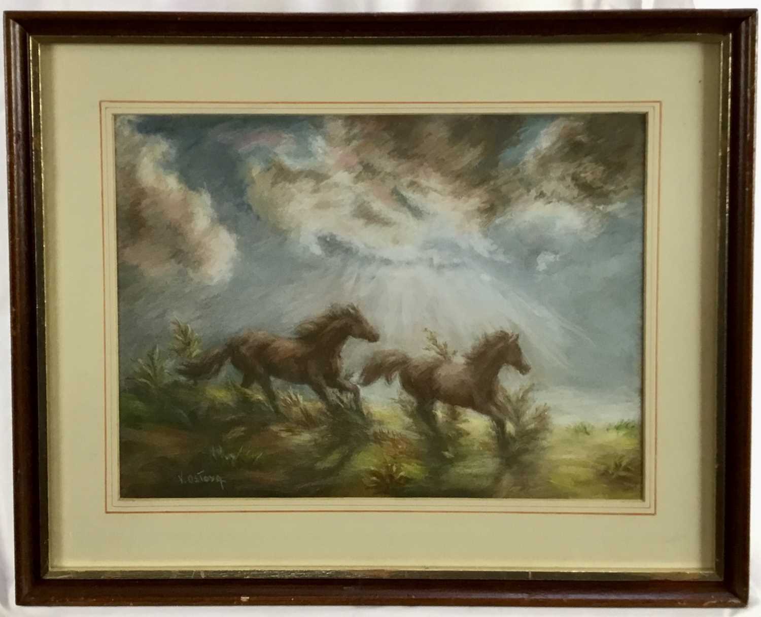 Lot 67 - Ostoya 20th century pastel - horses, 29cm x 39.5cm, framed