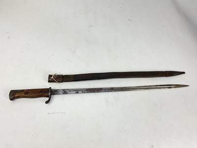 Lot 864 - First World War Imperial German S98 bayonet with wooden grips and steel blade stamped Simson & T, Suhl, in steel mounted leather scabbard.