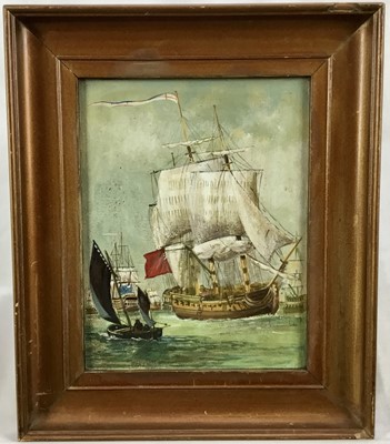 Lot 199 - English School late 19th century, oil on canvas, British man o' war and other shipping at sea, 22 x 17cm, framed