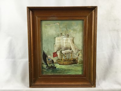 Lot 113 - English School late 19th century, oil on canvas, British man o' war and other shipping at sea, 22 x 17cm, framed