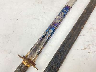 Lot 801 - Rare George III Scottish officer's broad sword with gilt copper mounted cruciform hilt with detachable pommel ( for the fitting of a basket) shagreen grip and old associated gilt copper crossguard....