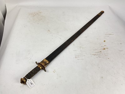 Lot 801 - Rare George III Scottish officer's broad sword with gilt copper mounted cruciform hilt with detachable pommel ( for the fitting of a basket) shagreen grip and old associated gilt copper crossguard....