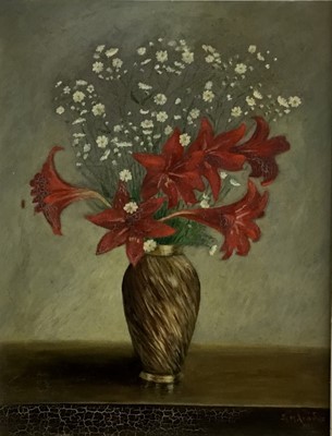 Lot 178 - English School early 20th century, oil on board, still life of flowers in a vase, 44 x 34cm, framed