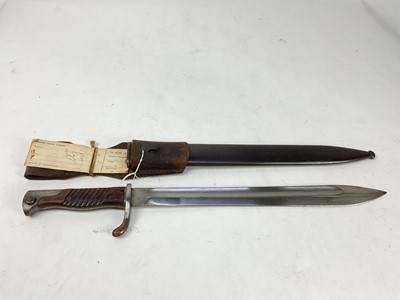 Lot 866 - First World War Imperial German K98/05 ‘Butcher’ bayonet with wooden grips and steel blade stamped Simson & Co, Suhl, in steel scabbard with leather frog.