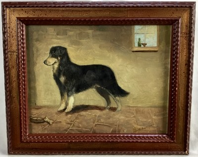 Lot 181 - Henry Percy 20th century, oil on board, dog with a bone, signed, 17 x 22cm, framed