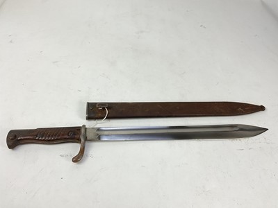 Lot 867 - First World War Imperial German K98/05 ‘Butcher’ bayonet with wooden grips and steel blade stamped V. C. Schilling Suhl, in steel scabbard.