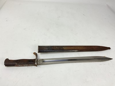 Lot 867 - First World War Imperial German K98/05 ‘Butcher’ bayonet with wooden grips and steel blade stamped V. C. Schilling Suhl, in steel scabbard.