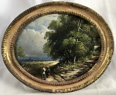 Lot 184 - English School 19th century, oval oil on board, rustic figures in a landscape, 23 x 29cm, in gilt frame