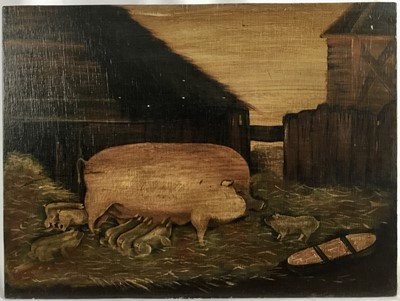 Lot 185 - English School early 20th century, naive oil on panel of a prize sow and her piglets, 33 x 44cm, unframed