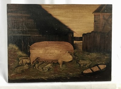 Lot 185 - English School early 20th century, naive oil on panel of a prize sow and her piglets, 33 x 44cm, unframed