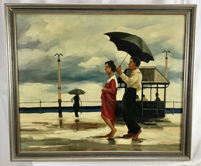 Lot 280 - Manner of Jack Vettriano, oil on canvas, figures with umbrellas, 50 x 60cm, framed