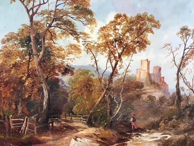 Lot 179 - English School circa 1900, oil on board, wooded river landscape with a fisherman in the 
foreground, castle ruins beyond, indistinctly signed, 50 x 45cm, framed