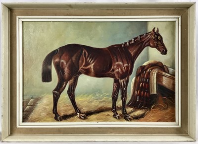 Lot 226 - English School mid 20th century, oil on board, a chestnut hunter in a stable, 30 x 45cm, framed