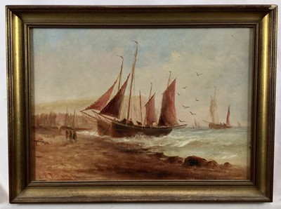 Lot 198 - E de Blanon, 19th century, oil on canvas, beached fishing vessels, signed and dated '90, 24 x 35cm, framed