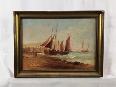 Lot 115 - E de Blanon, 19th century, oil on canvas, beached fishing vessels, signed and dated '90, 24 x 35cm, framed