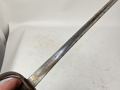 Lot 806 - Victorian 1822 Pattern Light Cavalry officer's Wilkinson Patent solid hilt sword with regulation three bar guard, etched blade with crowned VR cipher and Officers name 'A.D.Phelps' in steel scabbard