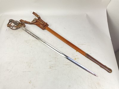 Lot 807 - Victorian 1821 Pattern Royal Artillery officer's sword by Hobson with three bar hilt, etched blade in nickel plated mounted leather scabbard with frog and knot