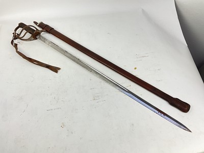 Lot 808 - First World War Royal Artillery officer's sword with etched blade in pigskin covered leather field service scabbard