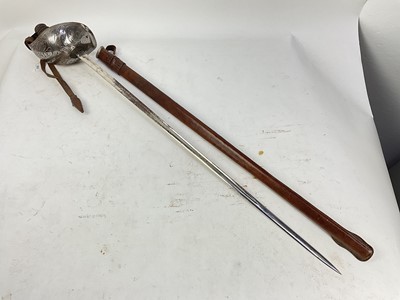 Lot 810 - George V 1912 Pattern Cavalry Officer's sword with etched bowl guard, etched blade with 3rd Kings Own Hussars badge, Officers crest and crowned Royal cipher in service leather scabbard