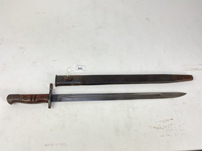 Lot 860 - First World War 1913 pattern Remington bayonet in steel mounted leather scabbard.