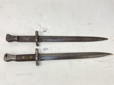 Lot 857 - Boer War era British Lee Metford 1888 pattern bayonet, no scabbard, together with another with no scabbard or grips (2).