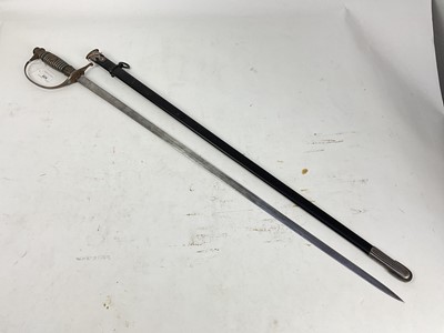 Lot 824 - Nazi Police sword with regulation stirrup hilt, eagle and swastika badge to grip, plain blade by Alcaso, Solingen in black painted scabbard